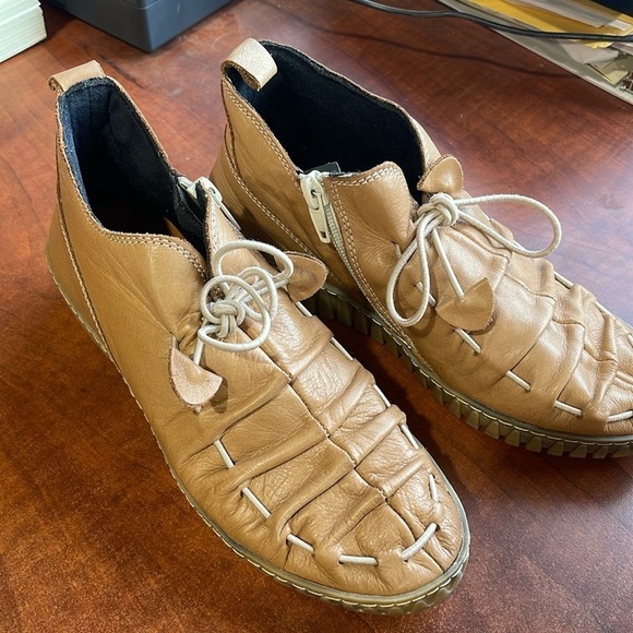 Spring step Nespea camel genuine leather‎ zip low heel wedge booties women’s 37 - Picture 1 of 10